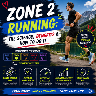 Bold, high-energy blog cover graphic titled “Zone 2 Running: The Science, Benefits & How to Do It,” featuring a runner in motion outdoors against a scenic mountain and lake backdrop. The design uses strong brushstroke typography in white, blue, and neon accents, alongside visual zone indicators (Zone 1–Zone 5) and icons illustrating aerobic base building, heart health, fat utilisation, recovery, and injury reduction. The layout combines dynamic imagery with clear educational graphics to explain Zone 2 training in a visually engaging style.