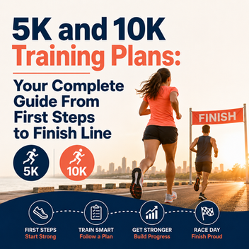 runners heading towards a finish line with the text "5K and 10K running plans"
