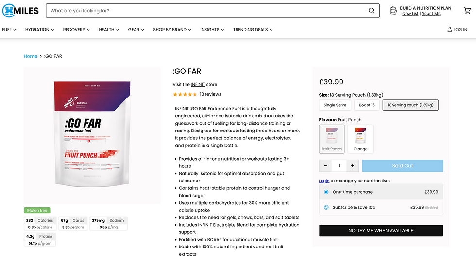 Ecommerce product page for INFINIT :GO FAR Fruit Punch endurance fuel pouch, with price, reviews, flavor options, and Sold Out button.