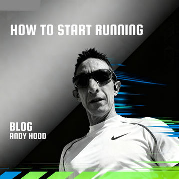 man in nike top and dark sunglasses against a dark great background with text "how to start running"