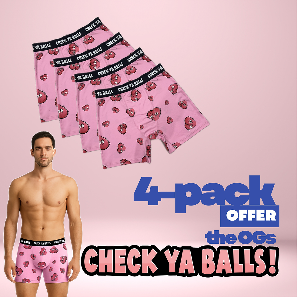 4 pairs of pink mens boxers with the text Check Ya Balls