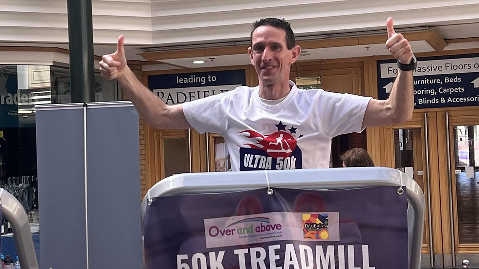 Andy Hood running 50K on a treadmill in Green Lanes Shopping Centre, Barnstaple, on 1 April 2023