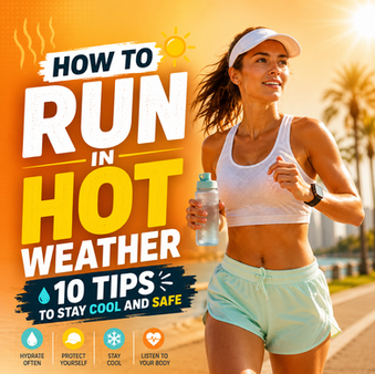 Smiling woman running in a white sports top, light shorts and white visor holding a water bottle in bright sun, with text "How to Run in Hot Weather: 10 Tips to Stay Cool and Safe"
