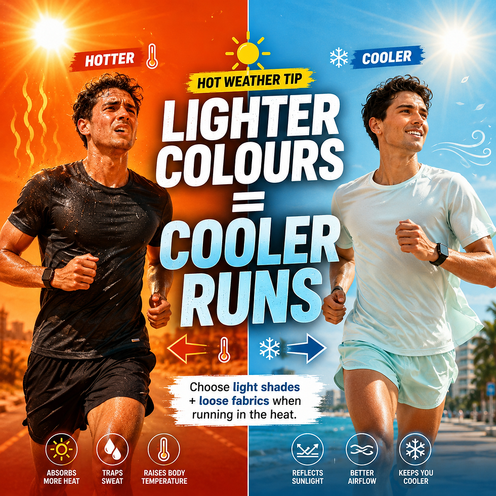 Split image comparing a runner in a black top on a hot orange background with a runner in a light top on a cool blue background, with text "Lighter colours equal cooler runs"