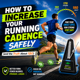 main in blue running top with text "how to increase your running cadence safely"