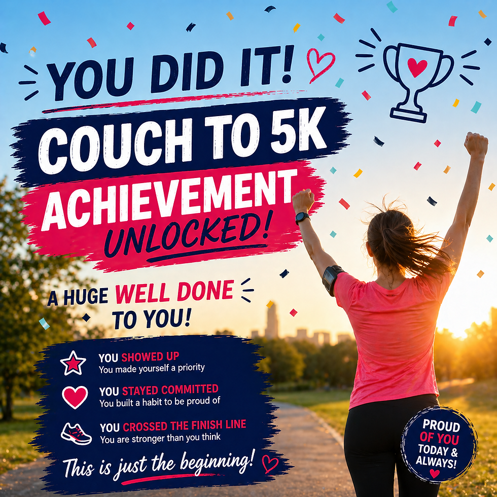 Woman celebrating with arms raised on a sunny path. Text: "Couch to 5K Achievement Unlocked!" with motivational phrases. Confetti around.