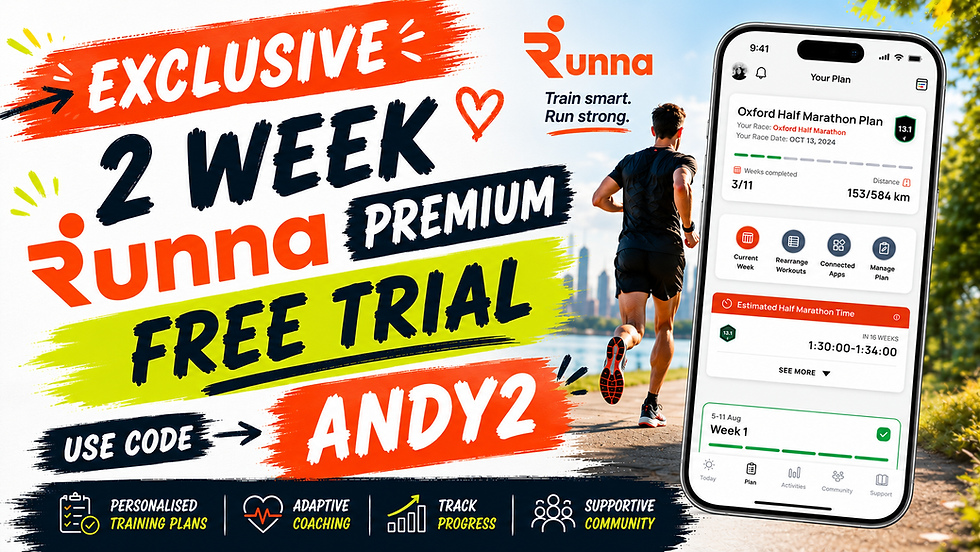 Runna promo with runner and phone app showing Oxford Half Marathon Plan; text: Exclusive 2 Week Premium Free Trial, use code ANDY2.