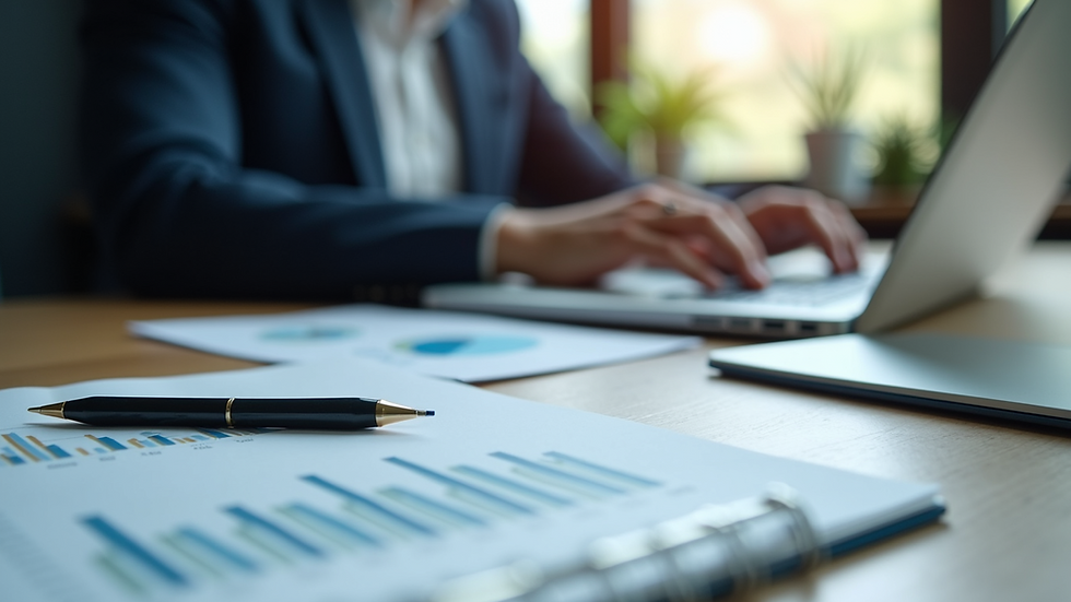 Eye-level view of a modern office desk with a laptop and financial documents