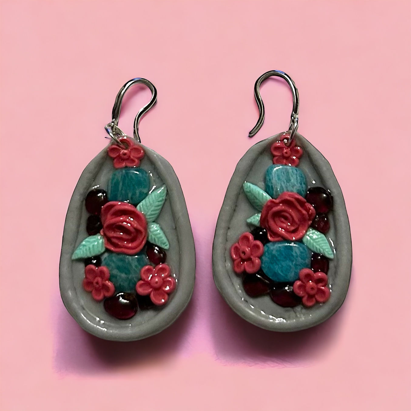 Amazonite Garnet Rose Earrings