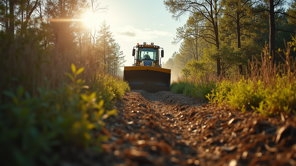 Eye-level view of forestry mulcher clearing dense brush on a rural property