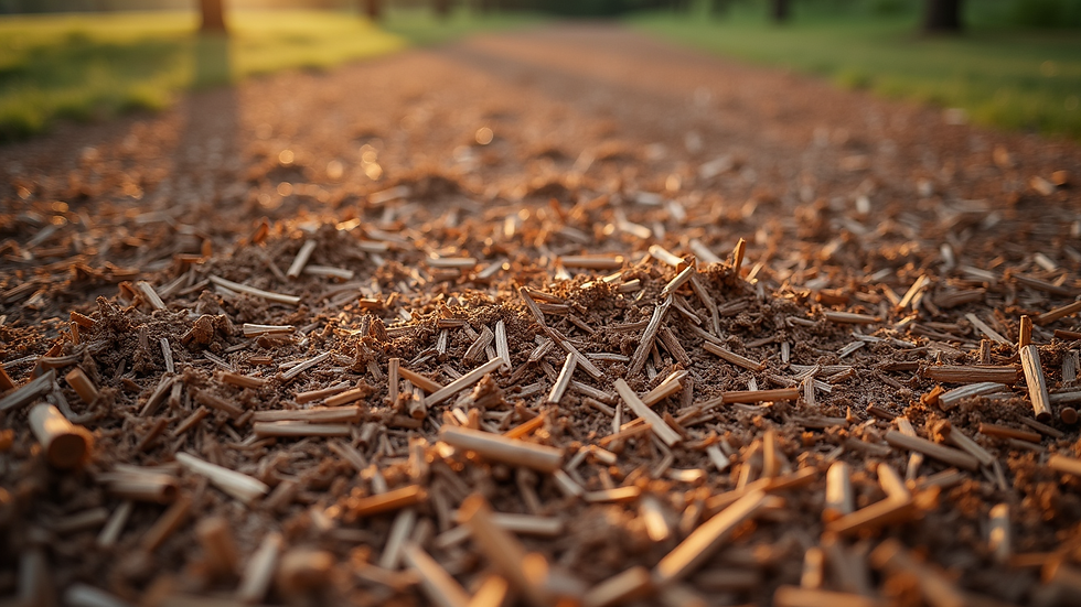 High angle view of freshly mulched land with wood chips covering the ground