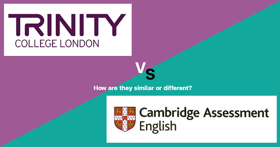 Comparison graphic featuring the Trinity College London and Cambridge Assessment English logos against a purple and teal diagonal split background. The center contains the text "VS" and the question, "How are they similar or different?"