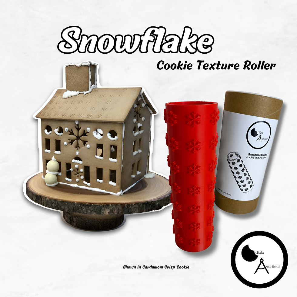 Snowflake Shanty cookie house made with Edible Architect cookie texture roller!