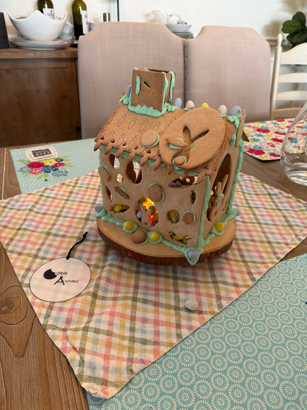 Bunny Bungalow cookie house in carrot cake crunch cookie, ready to be served