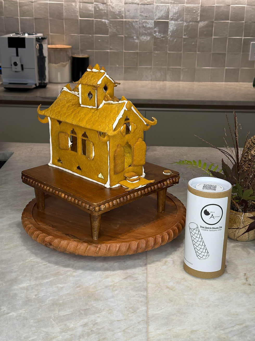 Thai Spirit House cookie house with Thai Tile roof, made with with Edible Architect cookie texture roller
