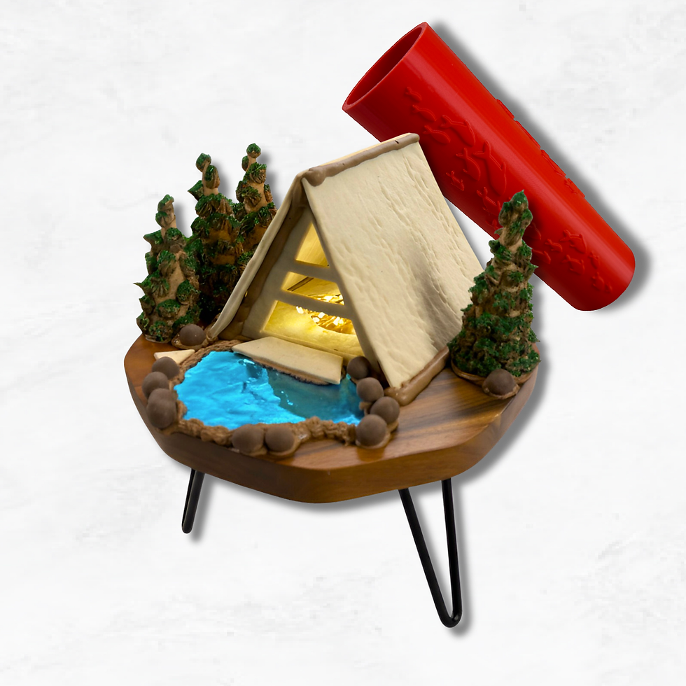 A-Frame Cookie Cabin cookie house, made with Edible Architect fish cookie texture roller!