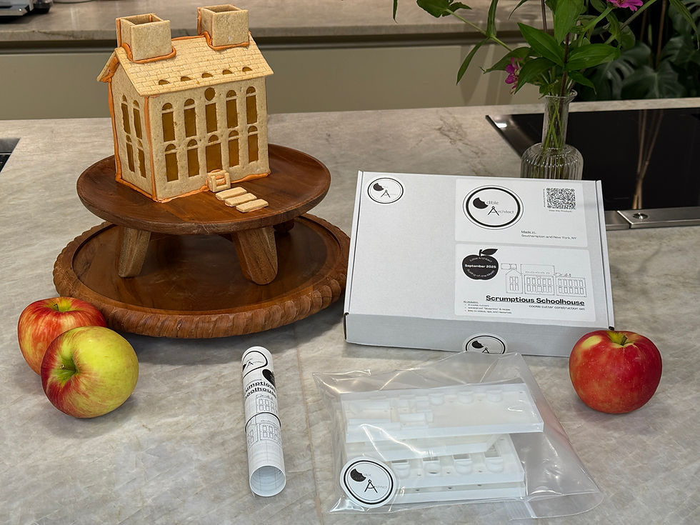 Scrumpious Schoolhouse cookie house, made with Edible Architect cookie cutter construction set