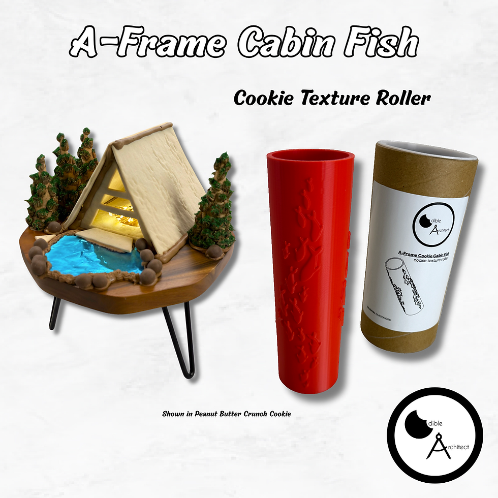A-Frame Cookie Cabin cookie house, made with Edible Architect fish cookie texture roller!