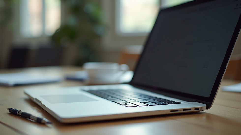 Eye-level view of a workspace with a laptop and a notepad