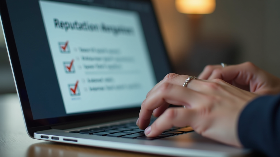 Close-up view of a person typing on a laptop keyboard with a reputation management checklist on screen