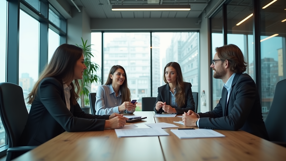 Eye-level view of a modern office with a team discussing marketing strategies