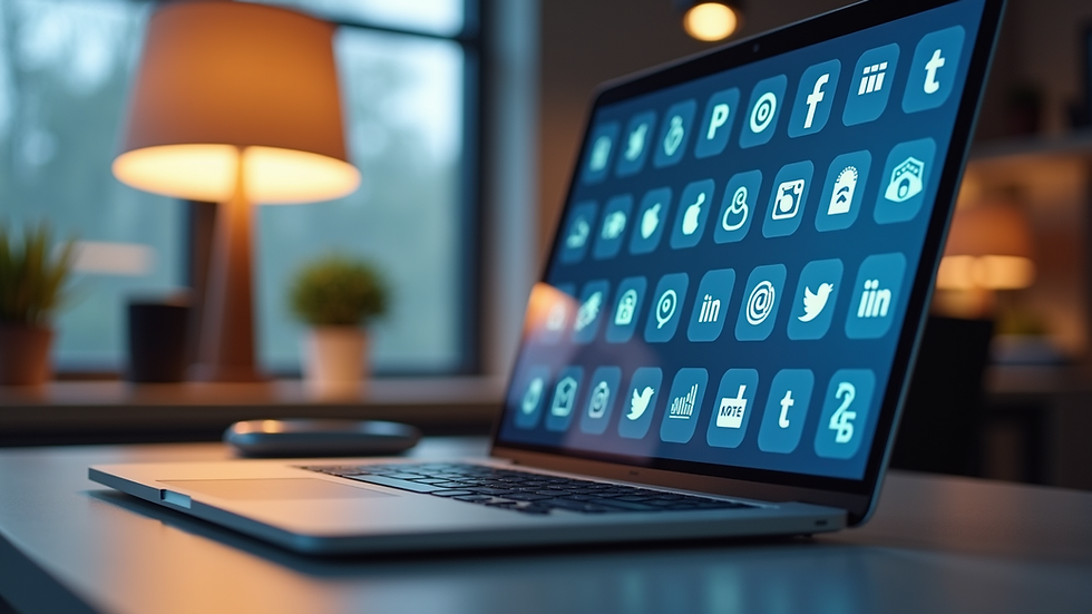 Eye-level view of a modern office desk with a laptop and social media icons on screen