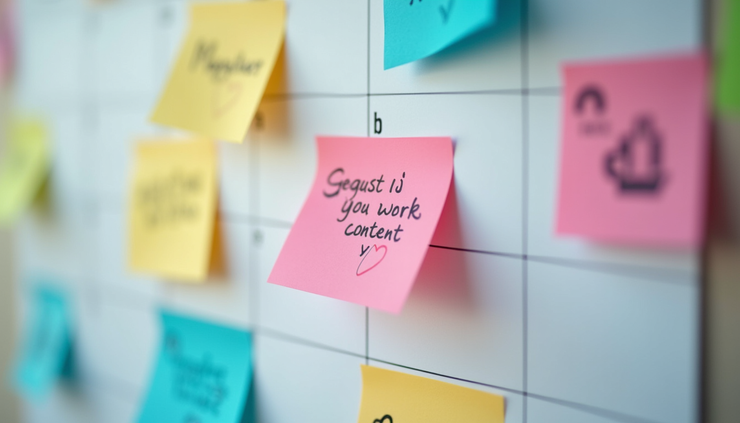 Close-up view of a content calendar with colorful notes and social media icons