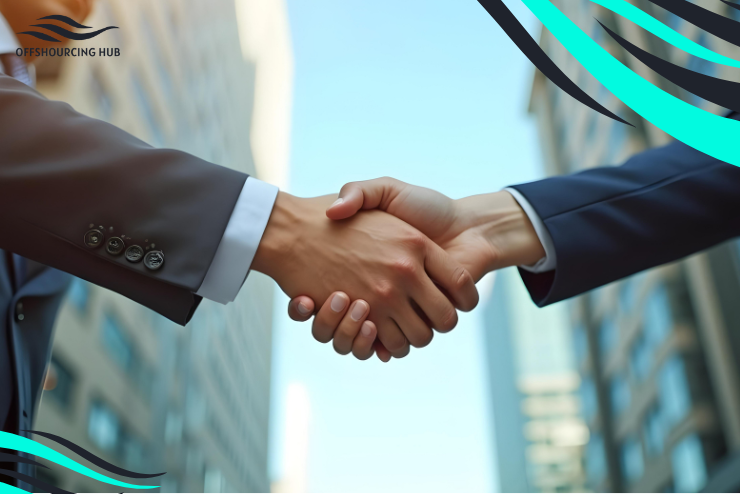 A close-up of a firm handshake between two people in business suits, set against a backdrop of blurred city buildings and a clear sky.