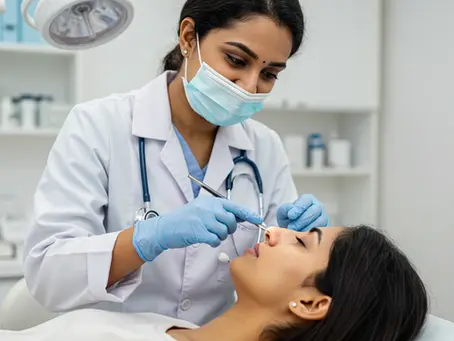 Doctor examining a female patient's nose with a medical instrument in a clinic, illustrating post-surgery nasal check-up 10 years after rhinoplasty.