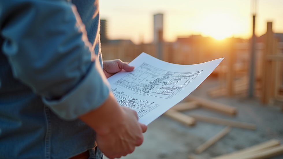 Close-up view of a contractor reviewing blueprints on a construction site