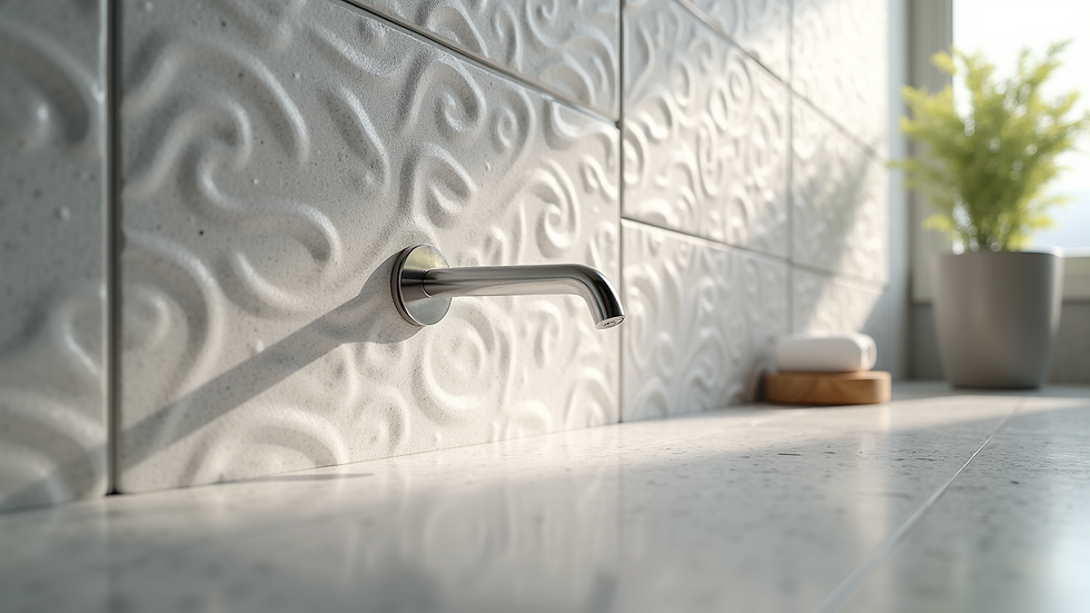 Eye-level view of a bathroom wall with 3D textured tiles creating a modern look
