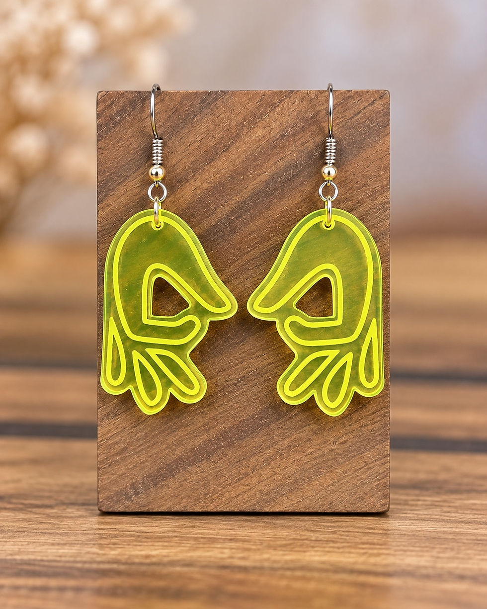 Yellow GOTCHA ASL hand sign earrings on a wooden stand