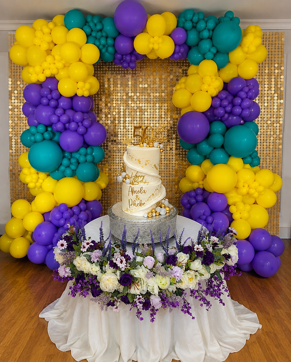 Gold shimmer wall backdrop framed with yellow, purple, and teal organic balloon garland, ideal for luxury event styling, birt