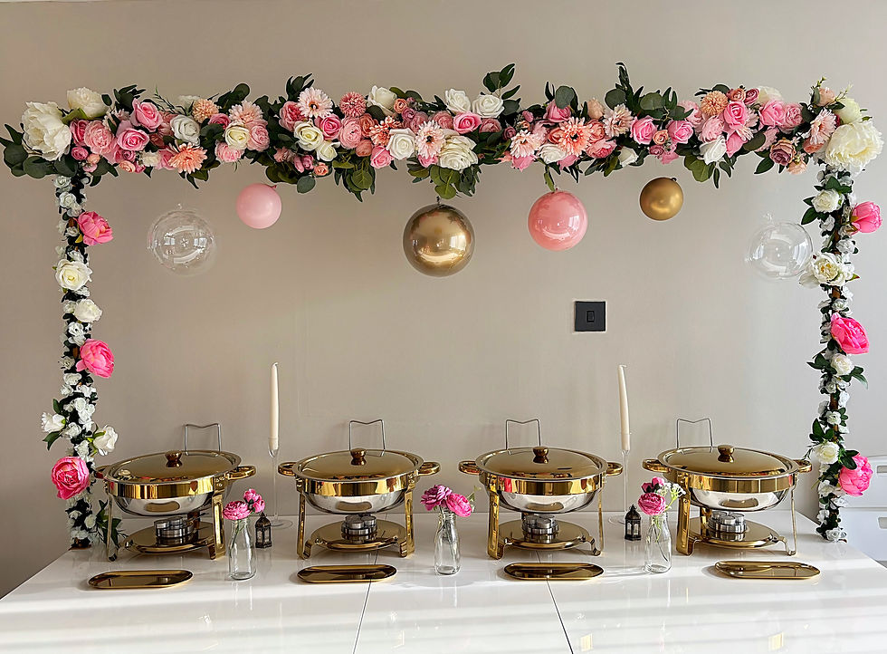 Thumbnail: Elegant floral arch backdrop with hanging balloons for luxury event styling