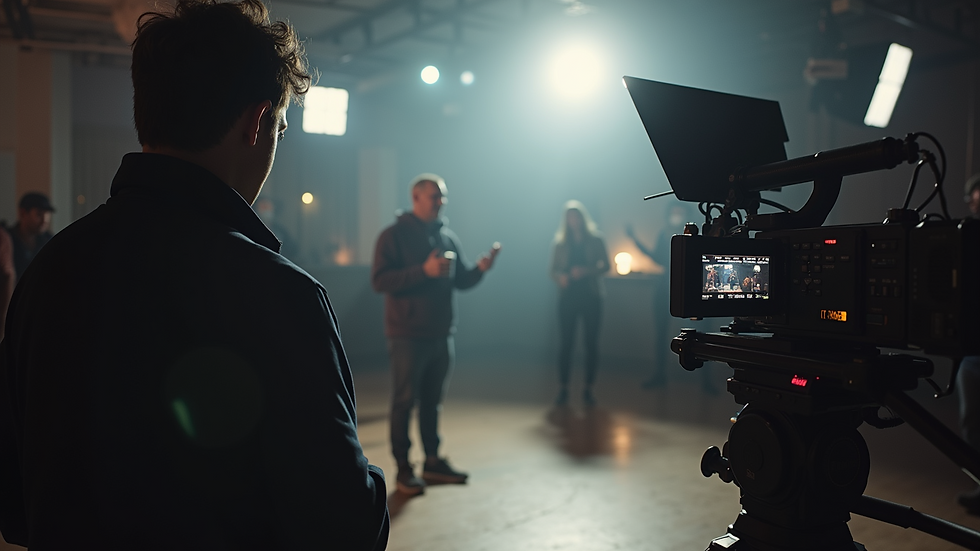 Eye-level view of a film set with professional lighting equipment