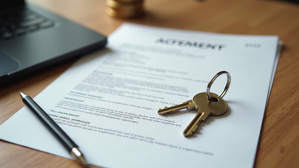 High angle view of a lease agreement and keys on a wooden table