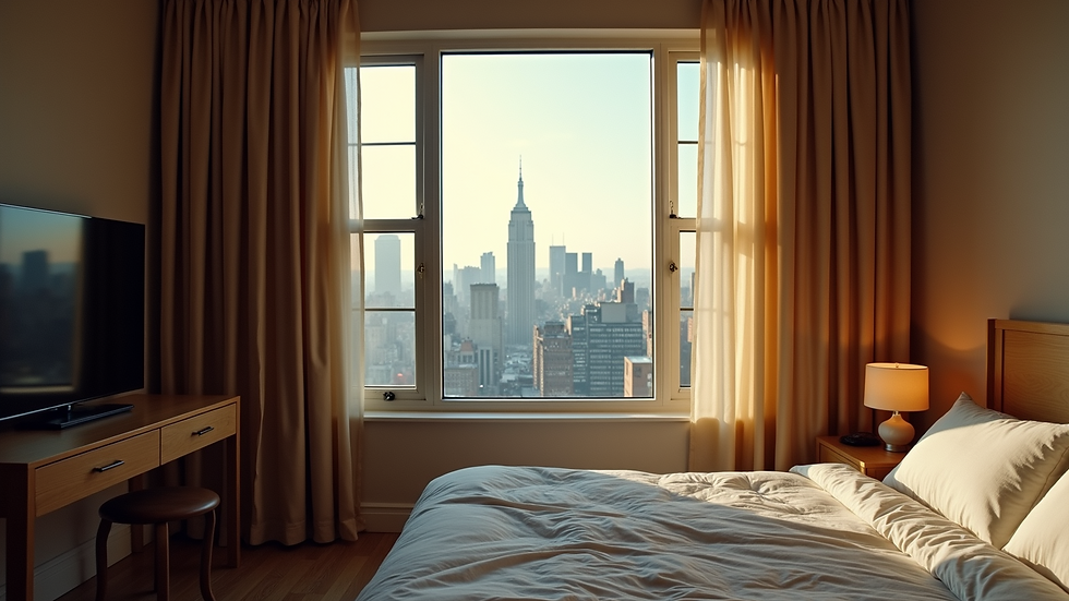 Eye-level view of a cozy NYC bedroom with a window overlooking the city
