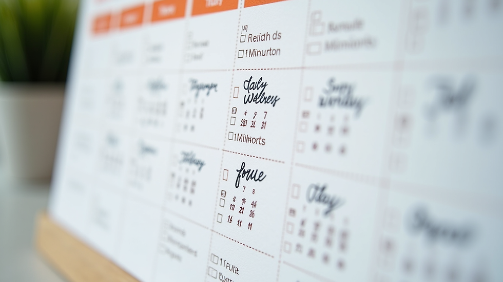 Close-up view of a calendar with daily wellness tasks checked off