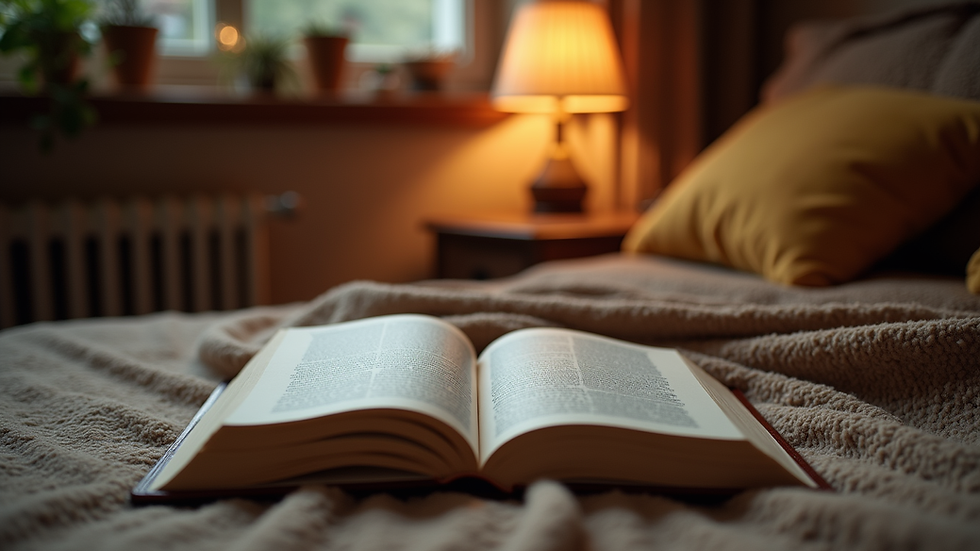 Eye-level view of a cozy reading nook with an open e-book on manifestation