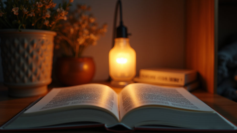 Eye-level view of a cozy reading nook with a glowing lamp and an open book