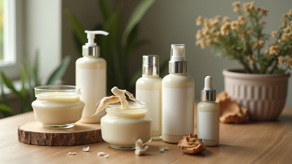 Close-up view of a collection of natural wellness products on a wooden table