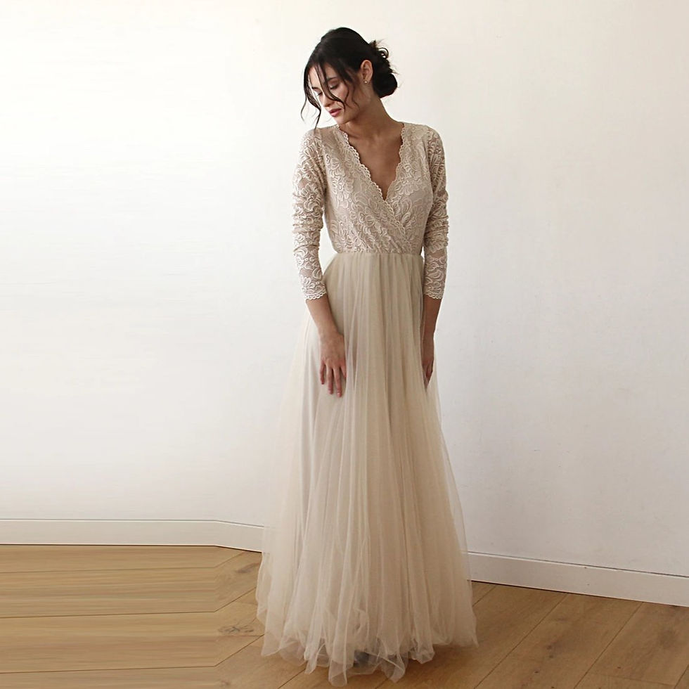 Miniature : Curve & Plus Size Champagne Lace & Tulle Wedding Dress #1125