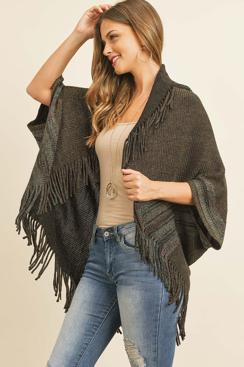 Miniatura: Hdf3072bk - Black Fringe Stripe Open Front Kimono