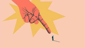 A big hand pointing angrily at a small man