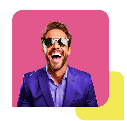 A man dressed in a suit and sunglasses, laughing heartily, showcasing a vibrant and cheerful demeanor.