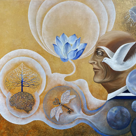 auf großer Leinwand sieht man das seitliche Portrai, eines älteren Mannes, in seinem Hinterkopf ist eine weiße fliegende Taube intigriert, hinter dem Kopf sind Seifenblasen zu erkennen, die teilweise geplatz sind, vom Oberkörper, den manauch noch teilweise sieht, gehen vom Herzen aus drei weiter größere Seifenblasen weg, in der ersten sieht man surrealistisch einen alten Schlüssel mit Flügel, der übergeht in die nächste Blase, wo ein Gehirn zu sehen ist, aus dem ein Baum mit Herzkrone zu sehen ist und aus dieser Blase erwächst die nächste große Blase, in der sich eine aufblühende Blüte in Blau befindet - das Ergebnis, wenn sich Herz und Kopf zusammenfinden , symbol für HERZVERSTAND von Ingrid B. Hacker, die allegorische Kunst in der sinfonischen Malerei