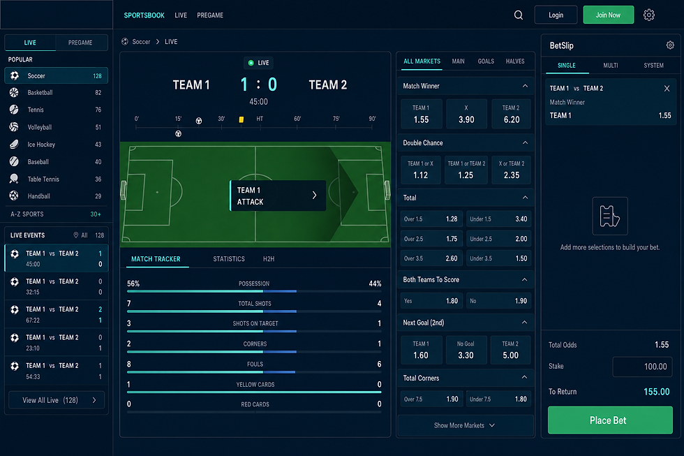 BetKey Sportsbook live betting interface with dynamic odds, real-time statistics, match tracking and Bet Builder