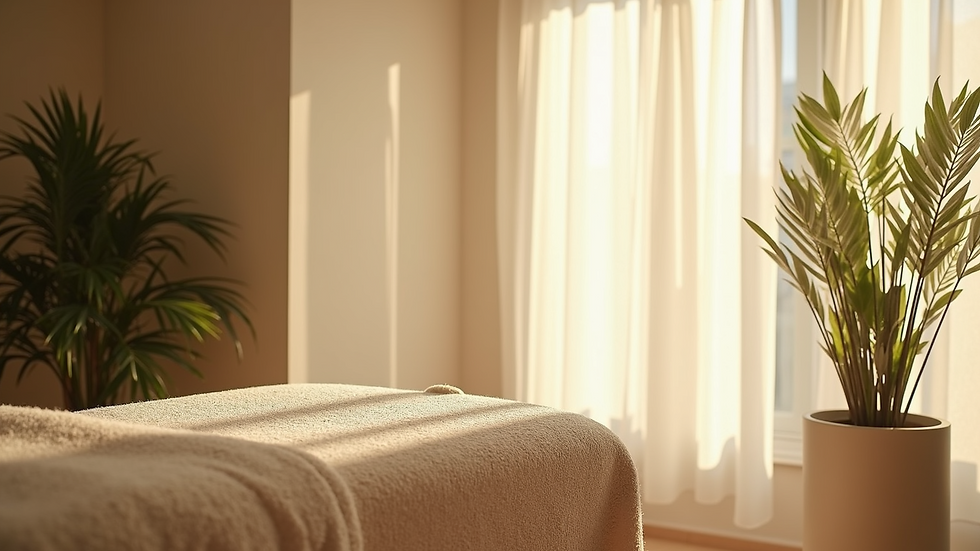 High angle view of a calm massage room with soft lighting and plants