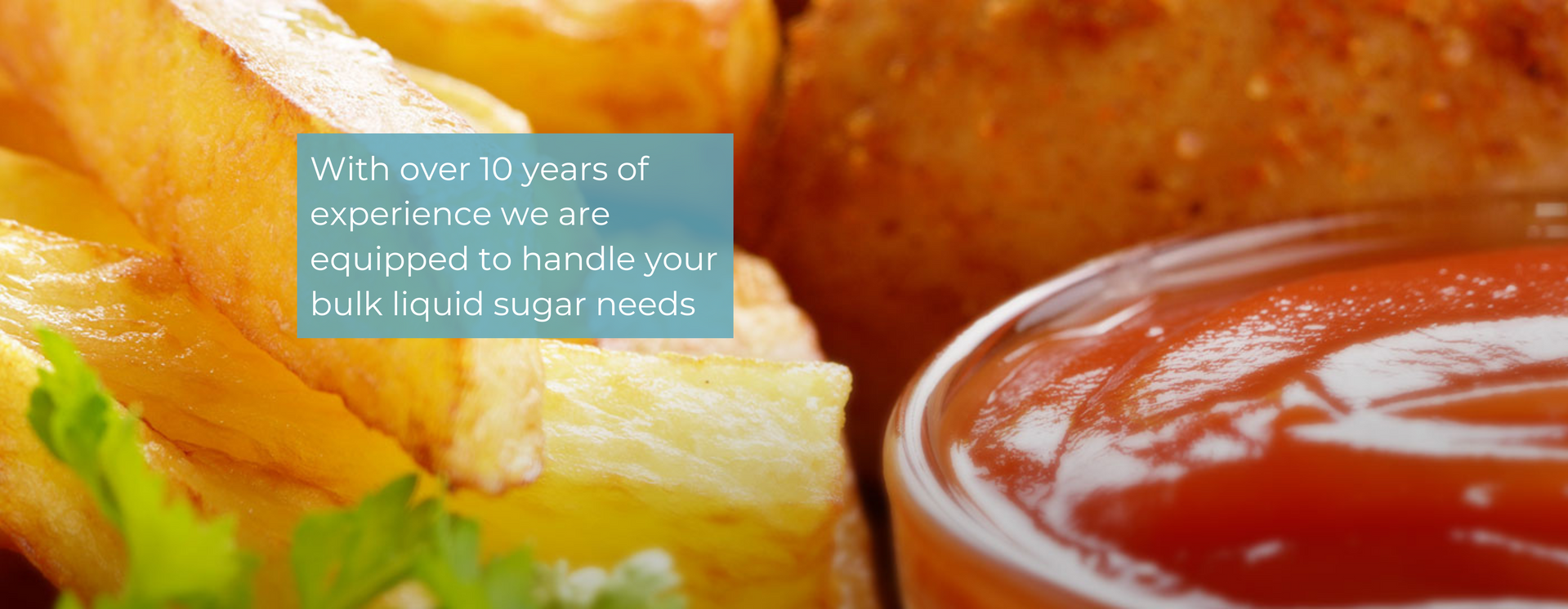 French fries with ketchup with text "with over 10 years of exprience we are equipped to handle your bulk liquid sugar needs"