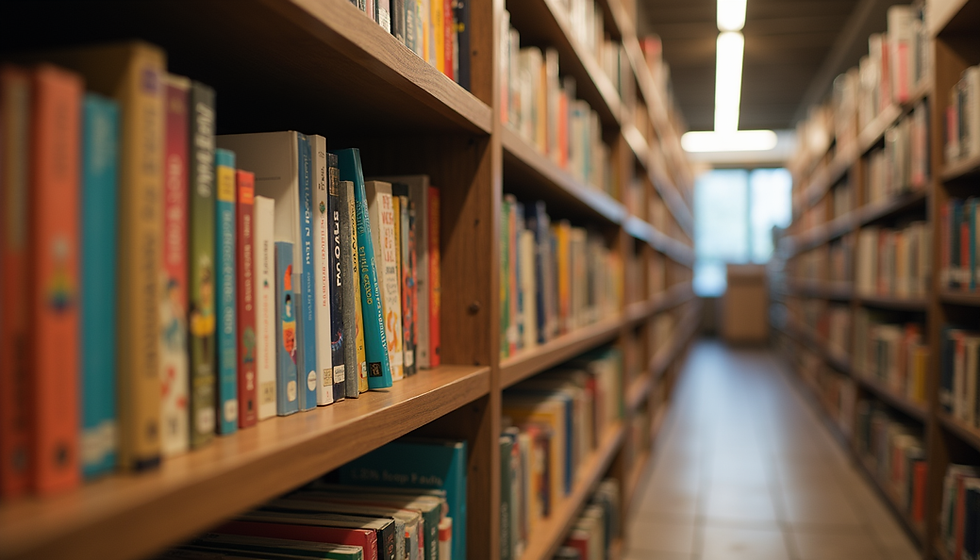 Eye-level view of a child’s bookshelf filled with colourful picture books
